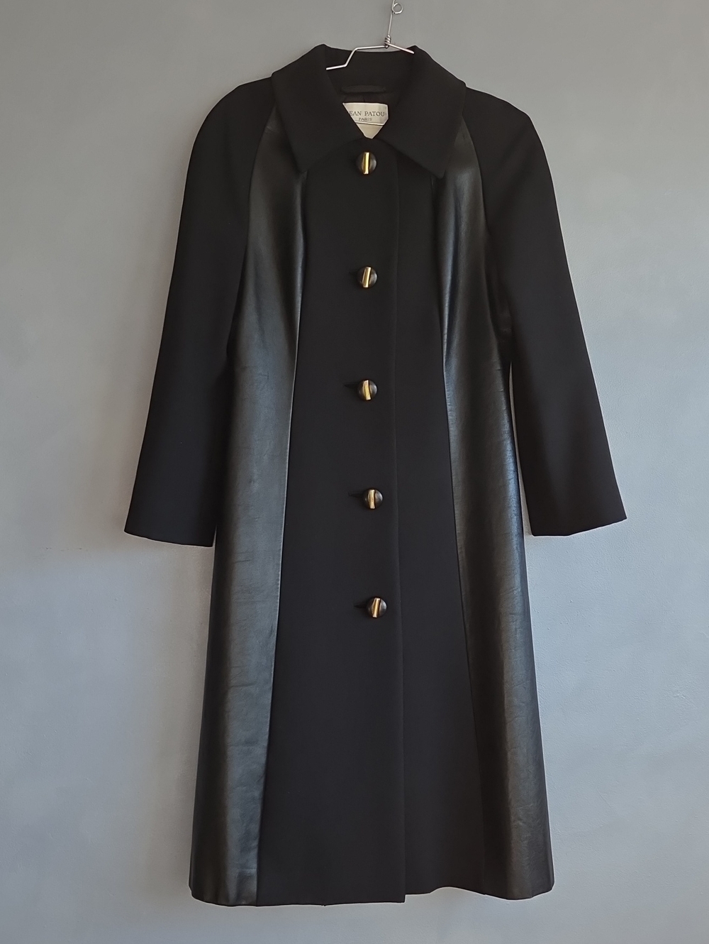 JEAN PATOU VINTAGE BLACK PANEL LEATHER, WOOL COAT, US 8, UN-WORN